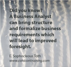 Quote: A Business Analyst can bring structure and formalize business requirements which will lead to improved foresight. By E. Sophocleous Toth